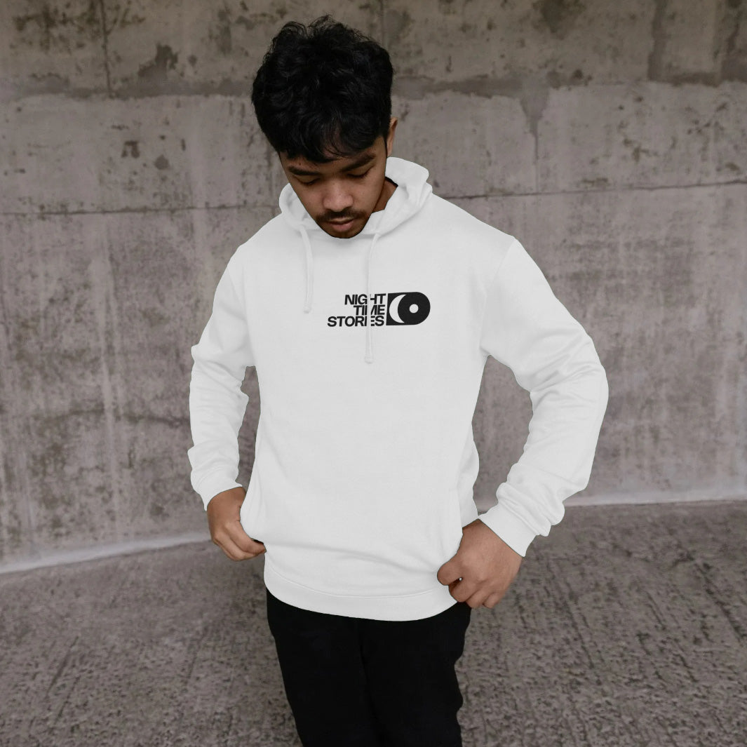 Night Time Stories - White Small Logo Hoodie